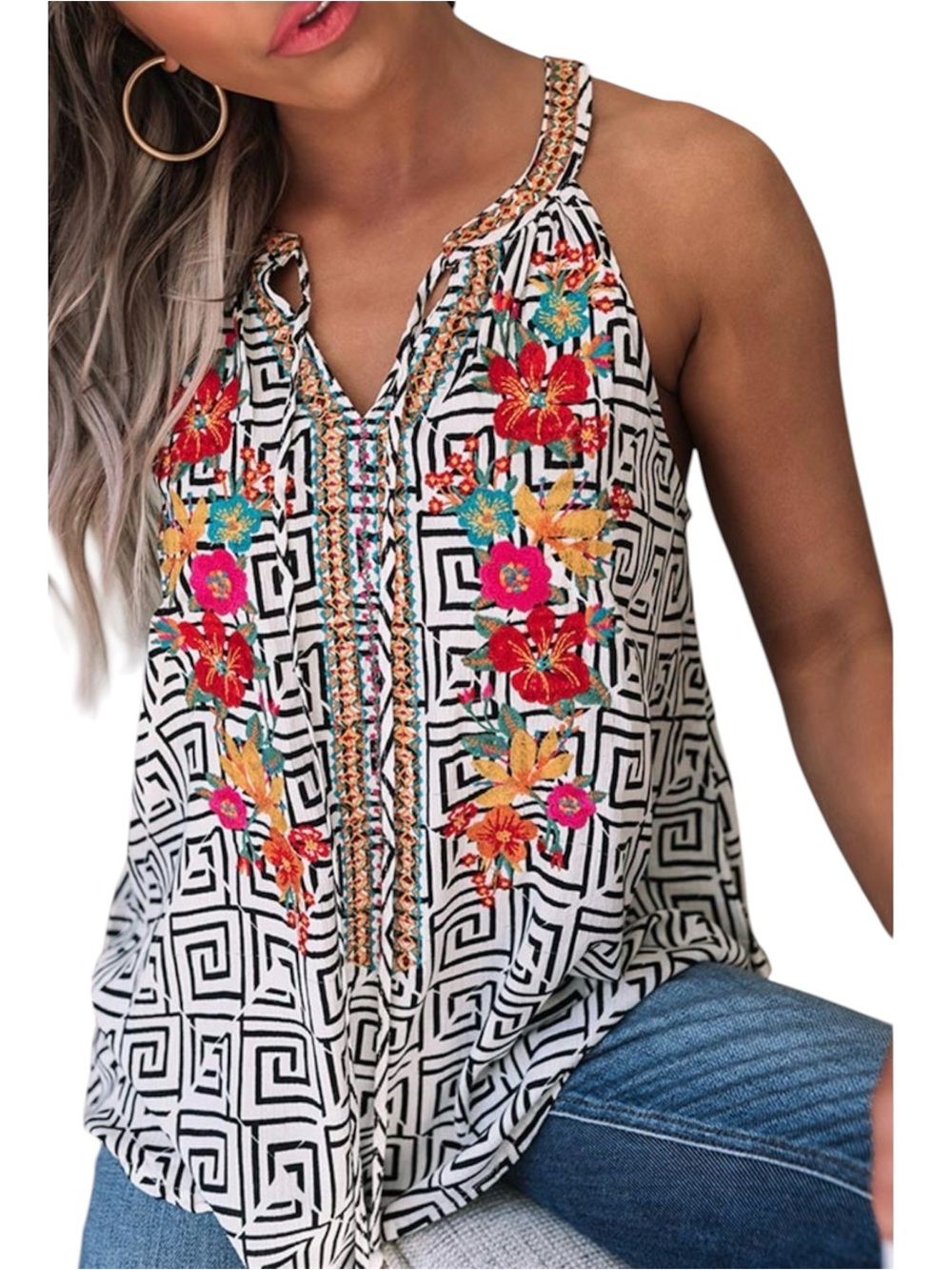 Savanna Jane White Geo Halter Tank with Multicolor Floral Embroidery